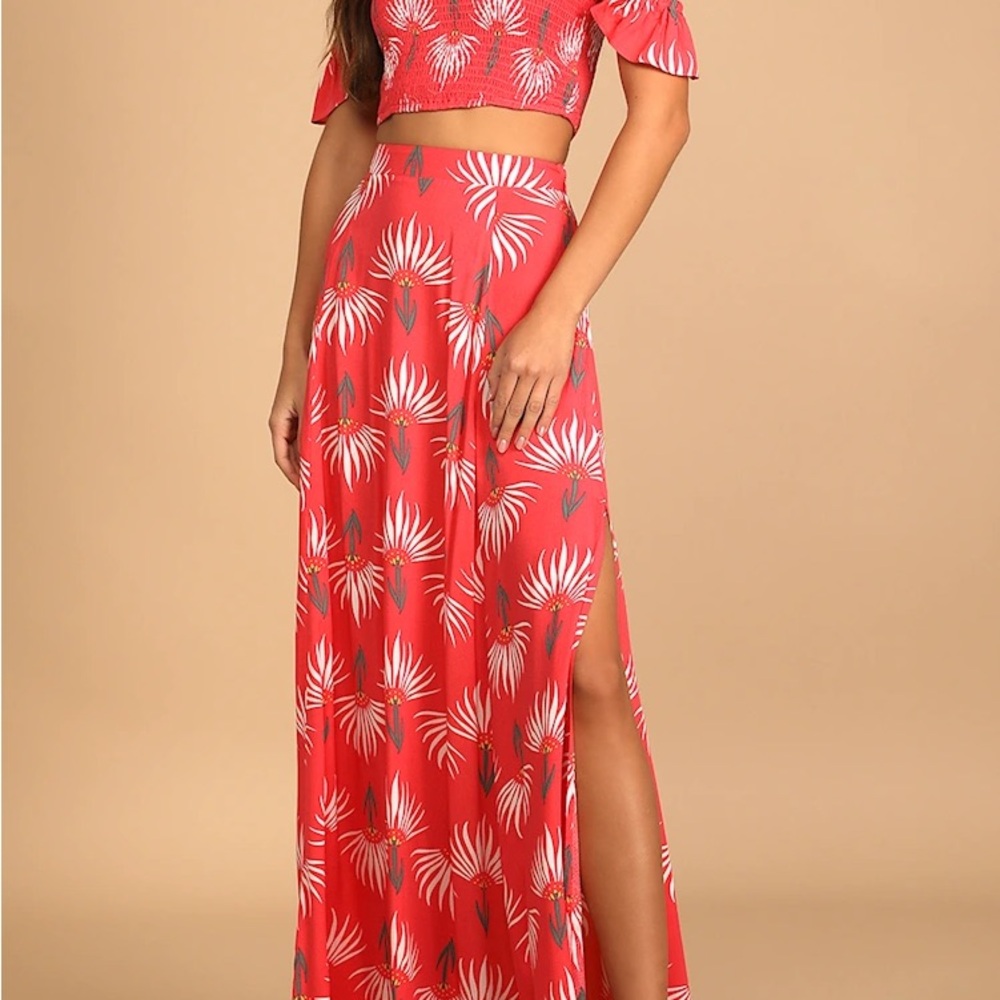 Tropical Red Palm Print Maxi Skirt